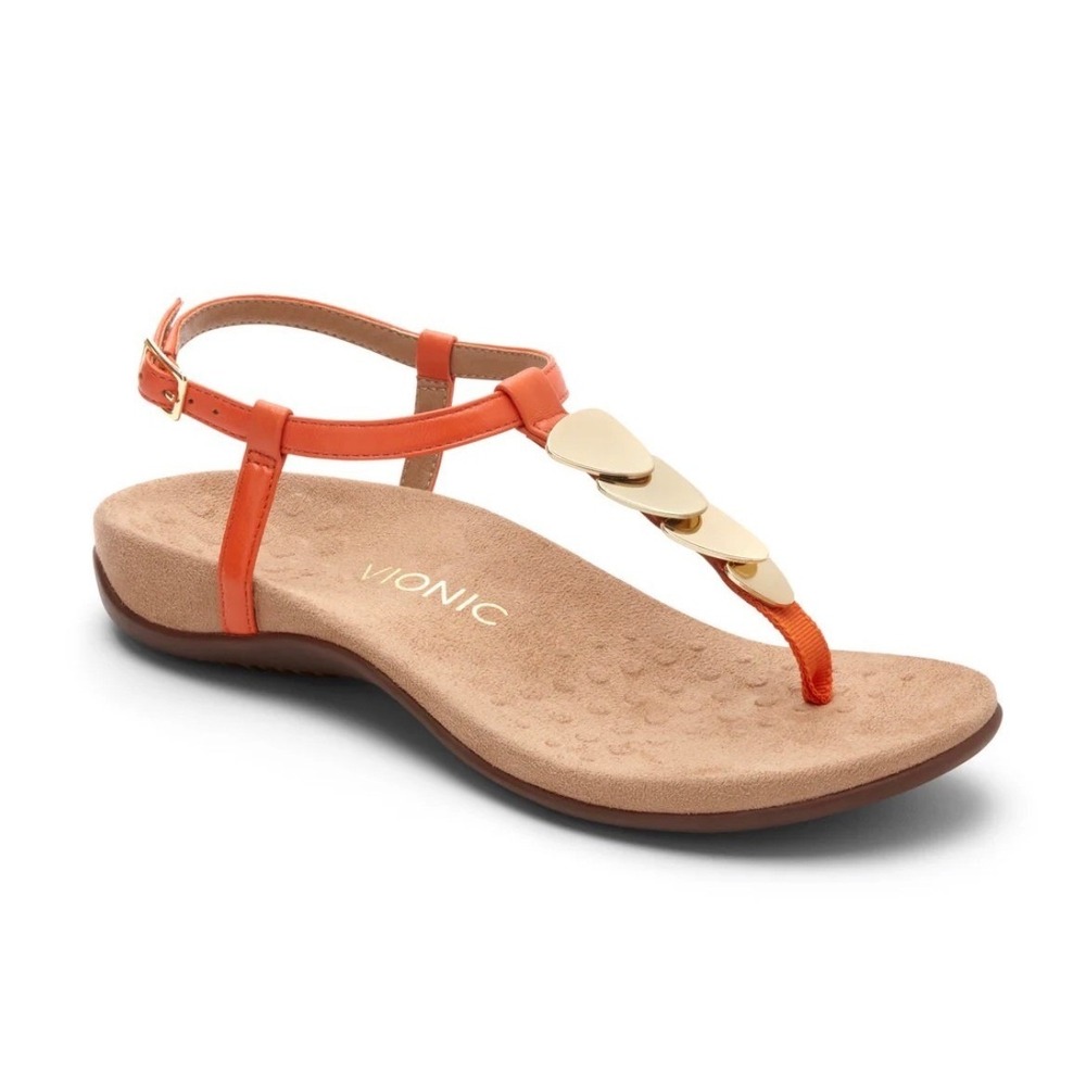 Vionic Orange T-Strap Sandal with Gold Discs